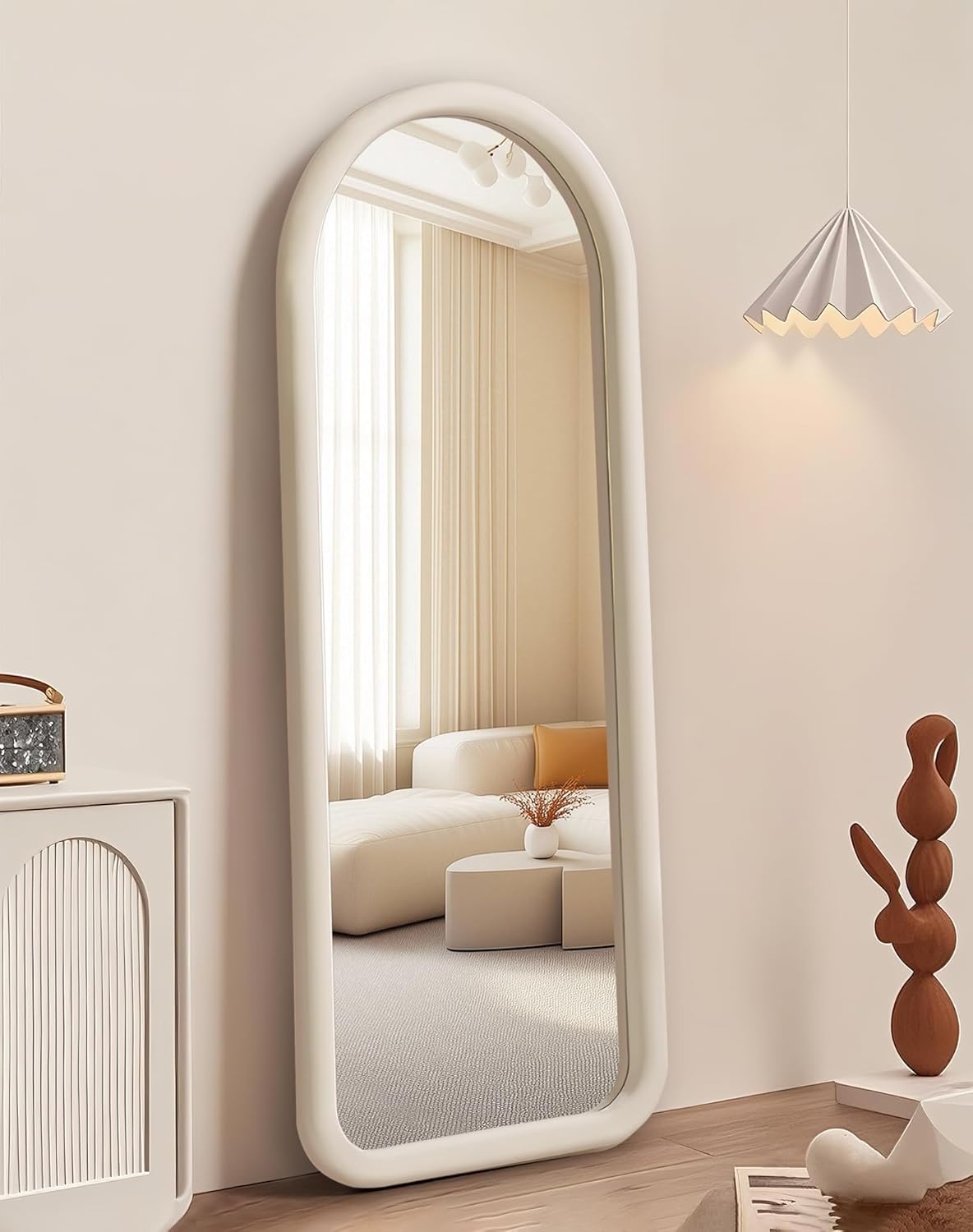 Arched Full Length Mirror, 60x160cm Free Standing Floor Velvet Frame Mirror for Leaning or Hanging, Soft Touch Bedroom & Living Room Decor, Cream White/black/pink/green/blue