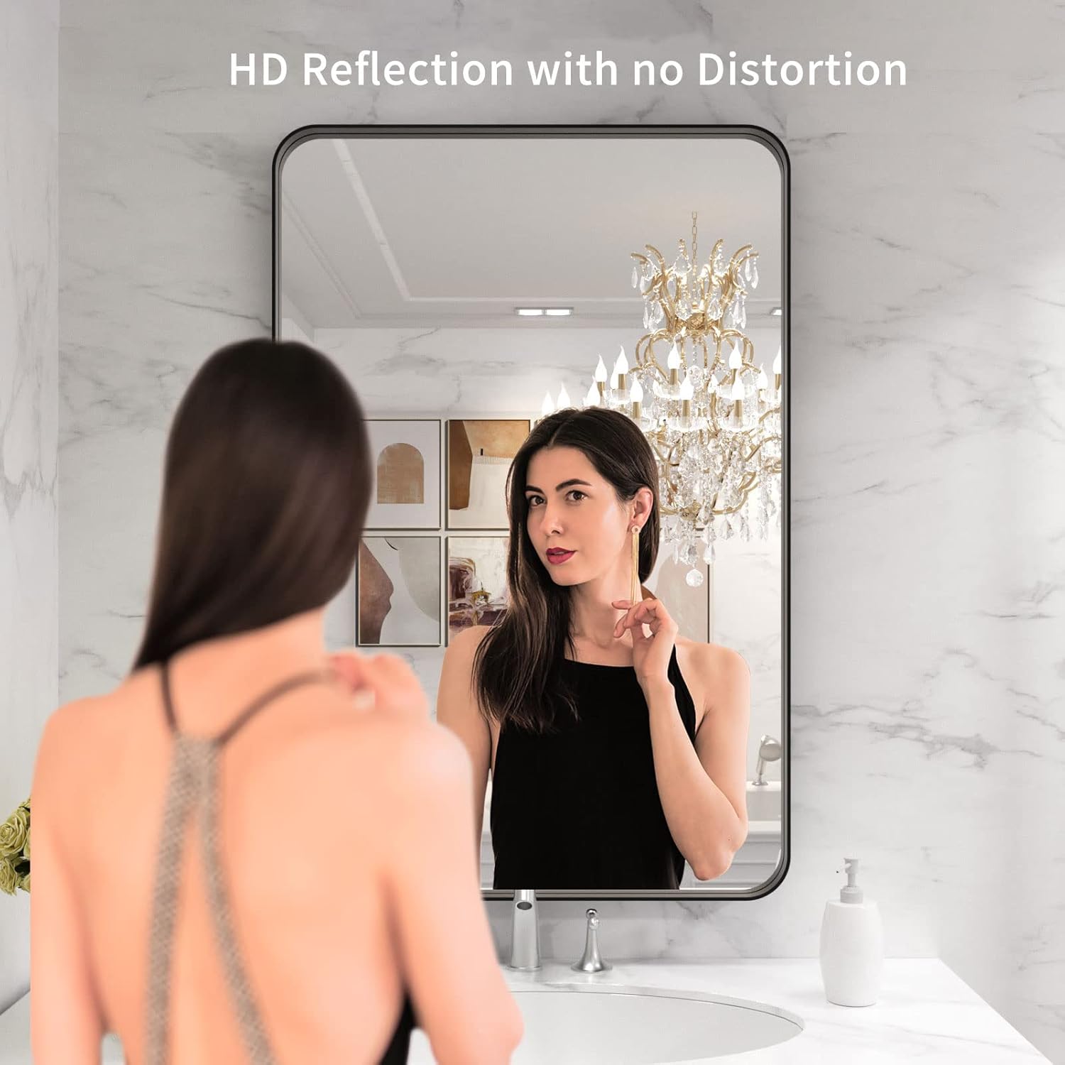Bathroom Mirror for Wall, 50x70cm Rounded Rectangle Mirror, Matte Black Bathroom Vanity Mirror Farmhouse, Anti-Rust, Hangs Horizontally or Vertically