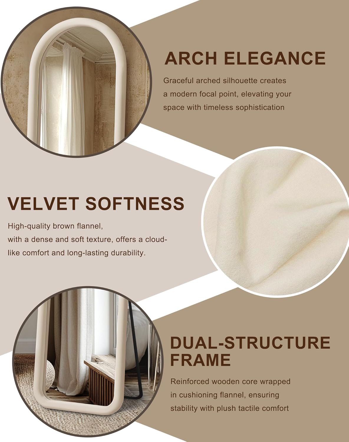 Arched Full Length Mirror, 60x160cm Free Standing Floor Velvet Frame Mirror for Leaning or Hanging, Soft Touch Bedroom & Living Room Decor, Cream White/black/pink/green/blue