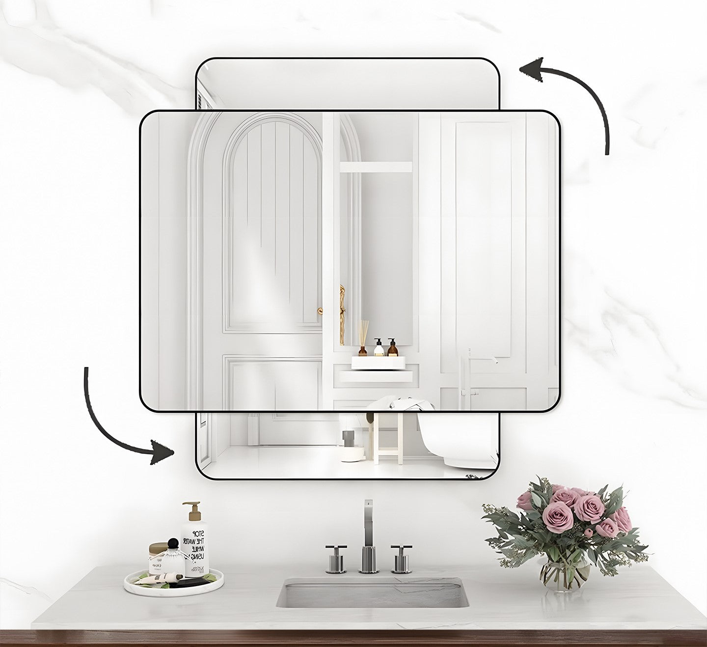 Bathroom Mirror for Wall, 50x70cm Rounded Rectangle Mirror, Matte Black Bathroom Vanity Mirror Farmhouse, Anti-Rust, Hangs Horizontally or Vertically