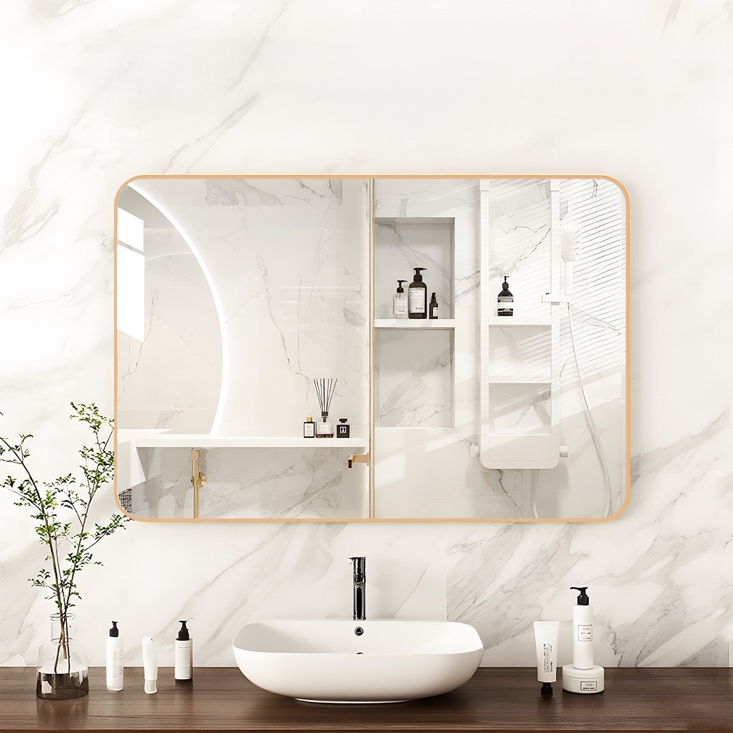 Bathroom Mirror for Wall, 50x70cm Rounded Rectangle Mirror, Matte Black Bathroom Vanity Mirror Farmhouse, Anti-Rust, Hangs Horizontally or Vertically